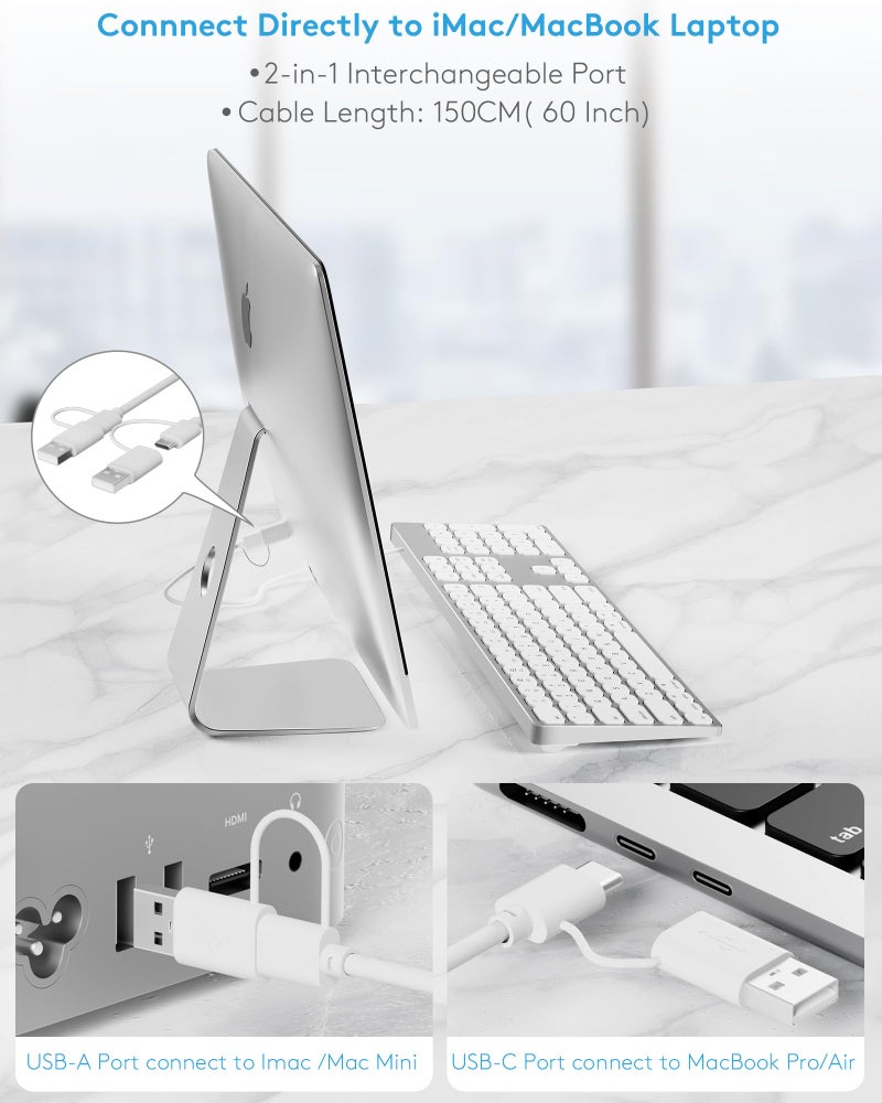 9H Aluminum USB Wired Keyboard with Numeric Keypad for Mac Pro, Mini Mac, iMac, iMac Pro, MacBook Pro/Air, Laptop and PC Computer - Image 5